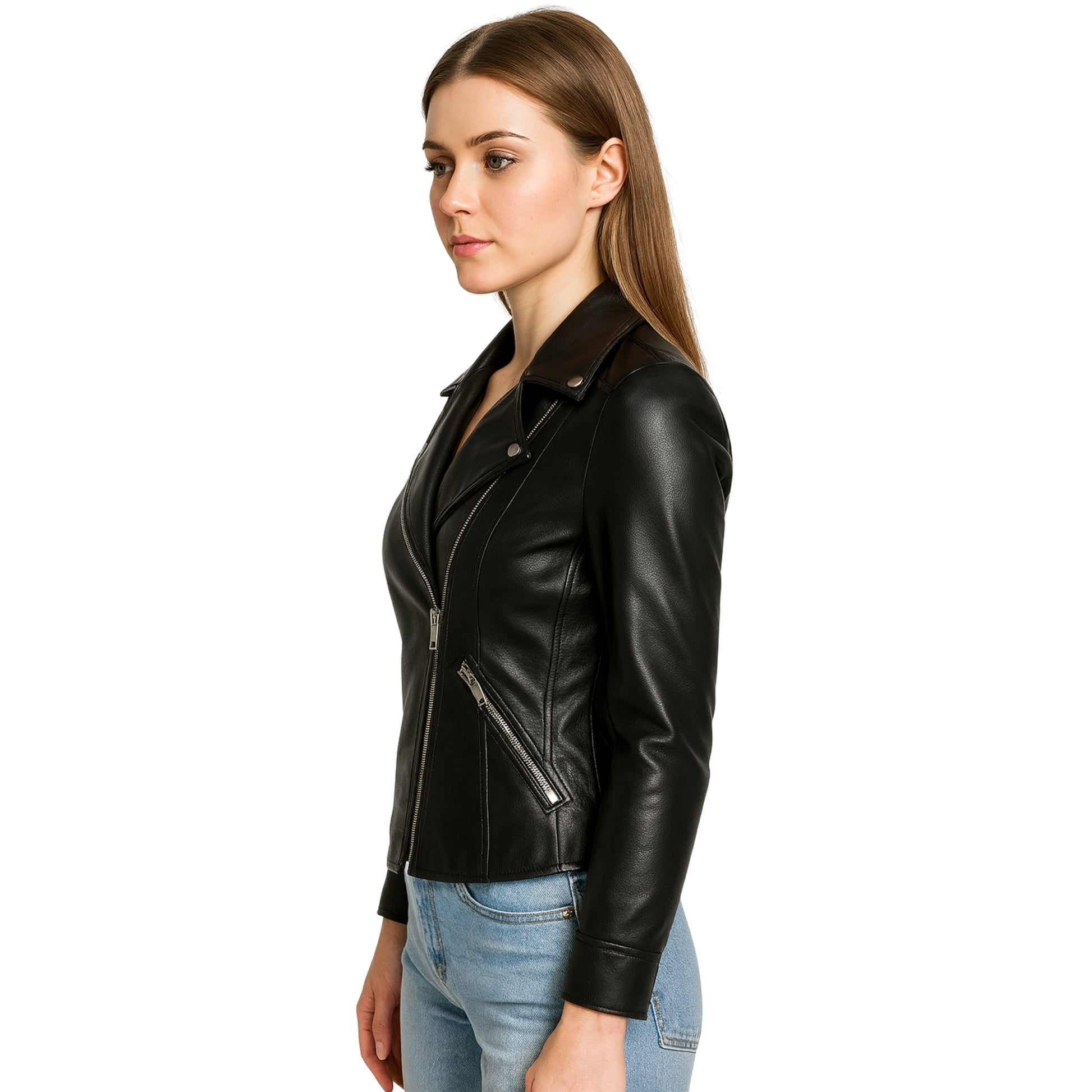 Asymmetrical Black Leather Biker Jacket Womens