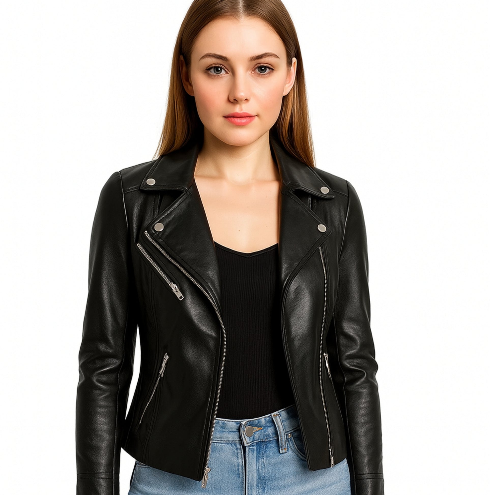 Asymmetrical Womens Black Leather Biker Jacket