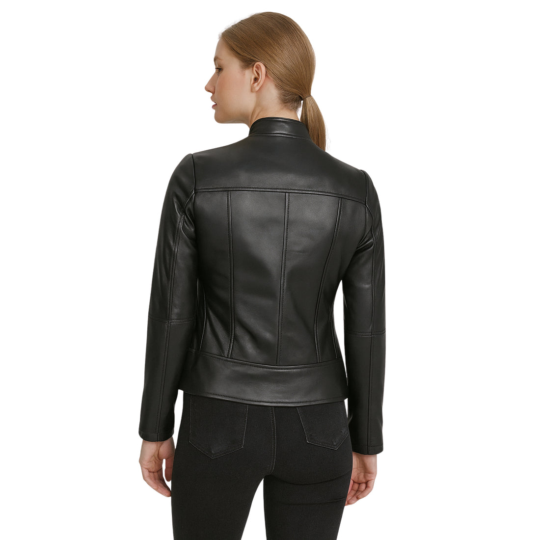 Womens Black Leather Biker Jacket with Flap Closure Cafe Racer Style Jacket