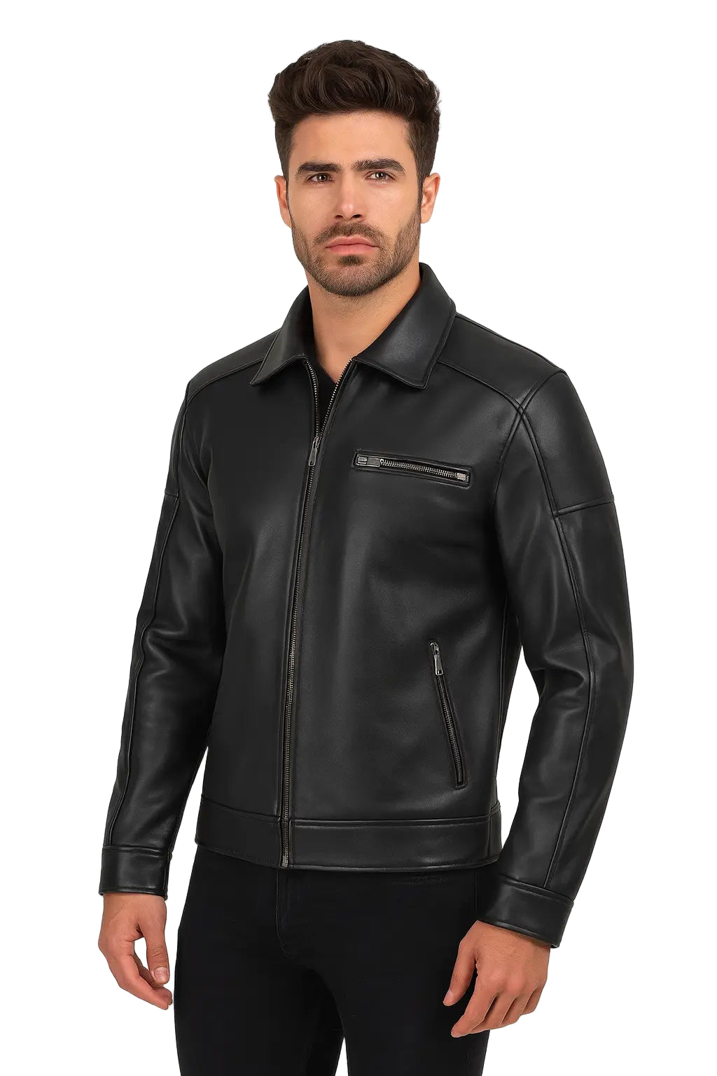 Black sheepskin Shirt Collar Leather Jacket for mens