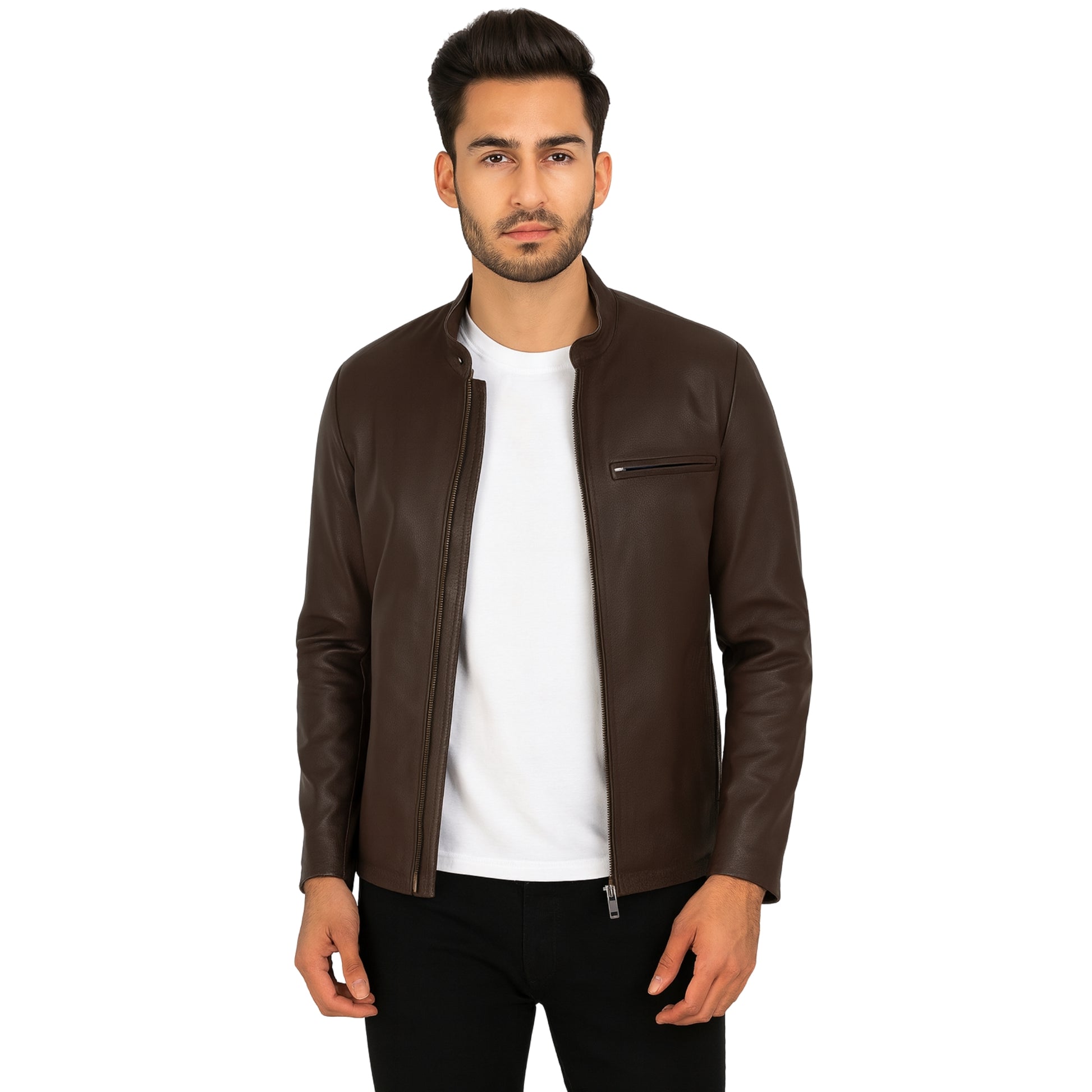 Dark Brown Cowhide Cafe Racer Jacket