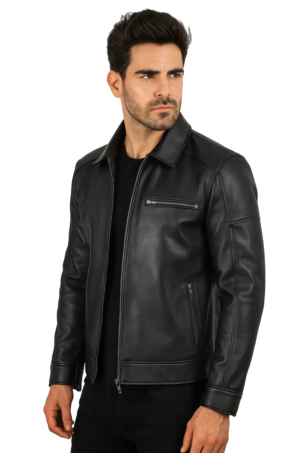 Black sheepskin Shirt Collar Leather Jacket for mens