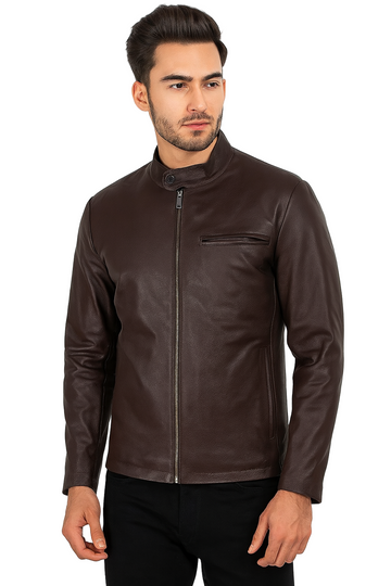 Dark Brown Cowhide Cafe Racer Jacket for mens