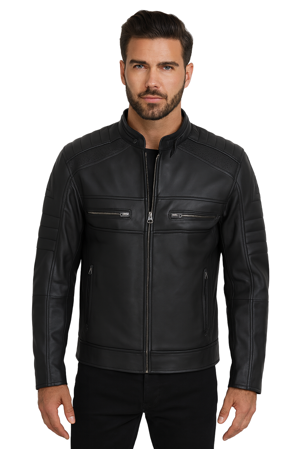 Mens Sheepskin Black Cafe Racer Leather Jacket