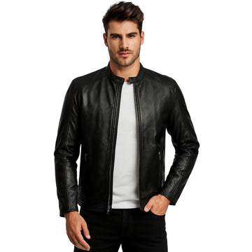 Mens Snap Tab Collar Black Leather Jacket