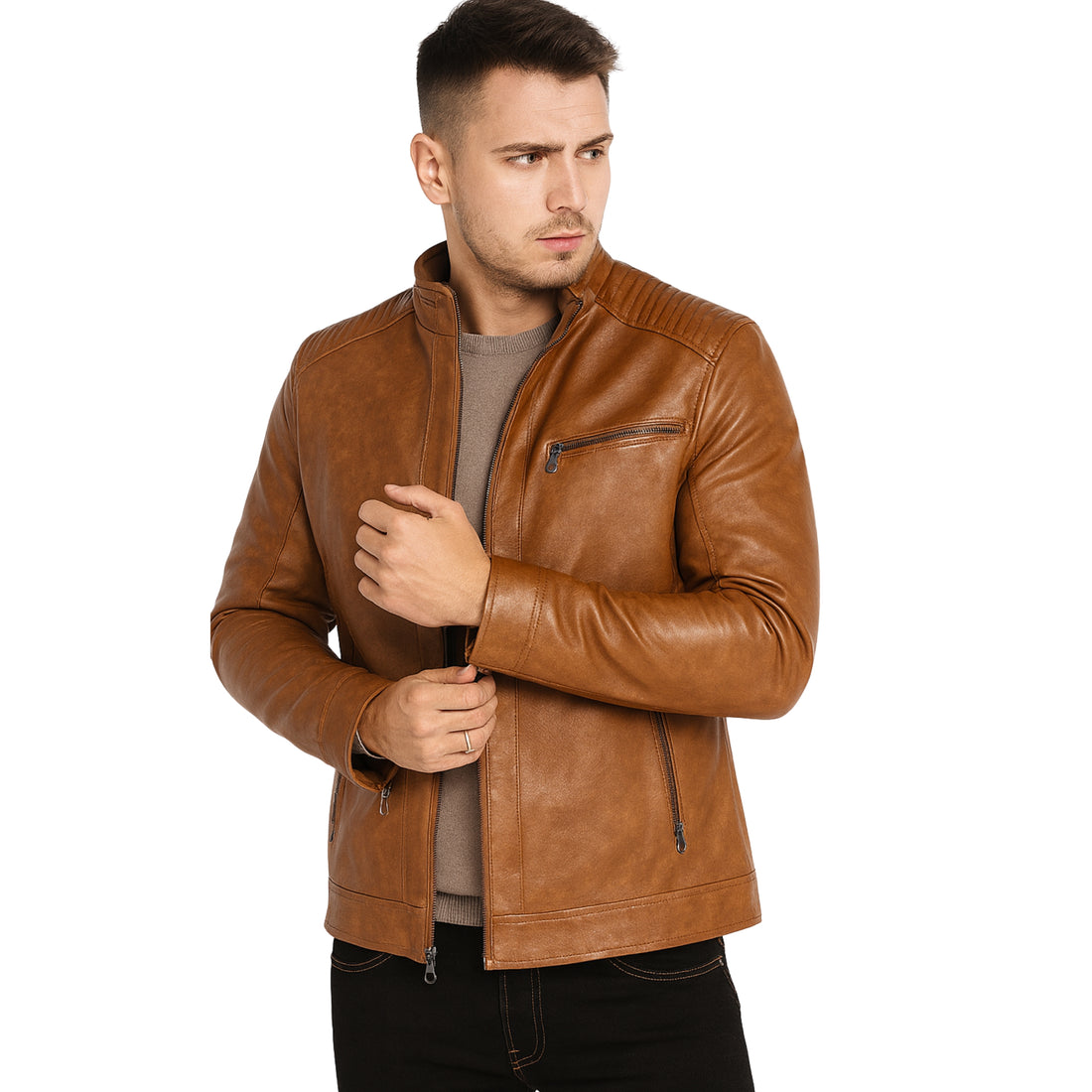 Stand Collar Leather Sheepskin Leather Jacket