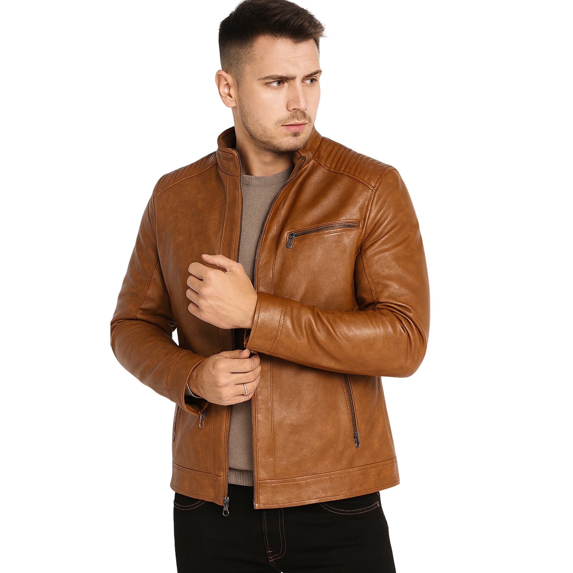 Mens Stand Collar Leather Sheepskin Leather Jacket