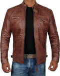 Distressed Brown Lambskin Cafe Racer Leather Jacket for Men