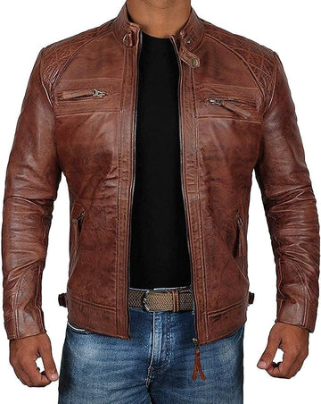 Distressed Brown Lambskin Cafe Racer Leather Jacket for Men