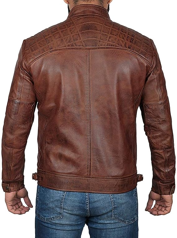 Mens Distressed Brown Lambskin Cafe Racer Leather Jacket