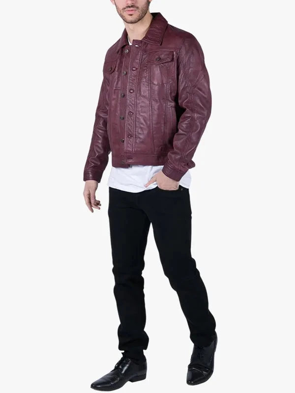 Mens Burgundy Leather Shirt Jacket - Premium Quality Real Leather Jacket