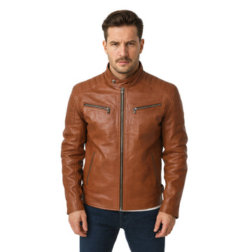 Premium Mens Tan Brown Biker Leather Jacket