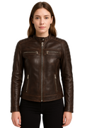 Rub Off Brown Cafe Racer Leather Jacket for Womens