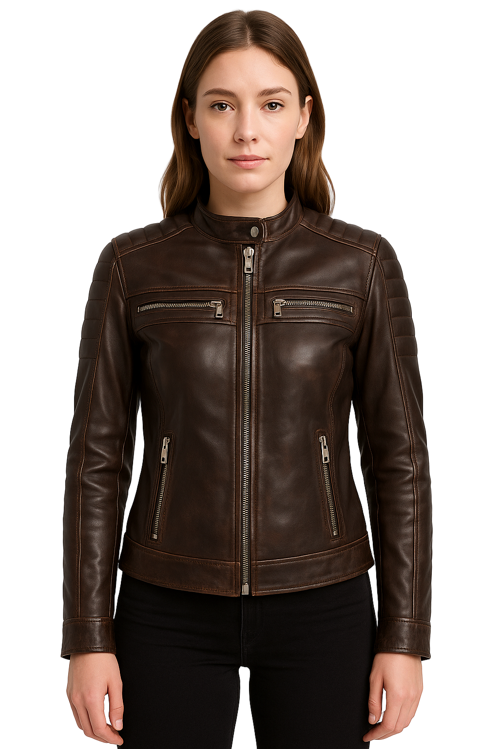 Rub Off Brown Cafe Racer Leather Jacket for Womens