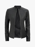Shadow Moto Women's Black Textured Cafe Racer Leather Jacket - Premium Quality Real Leather Jacket