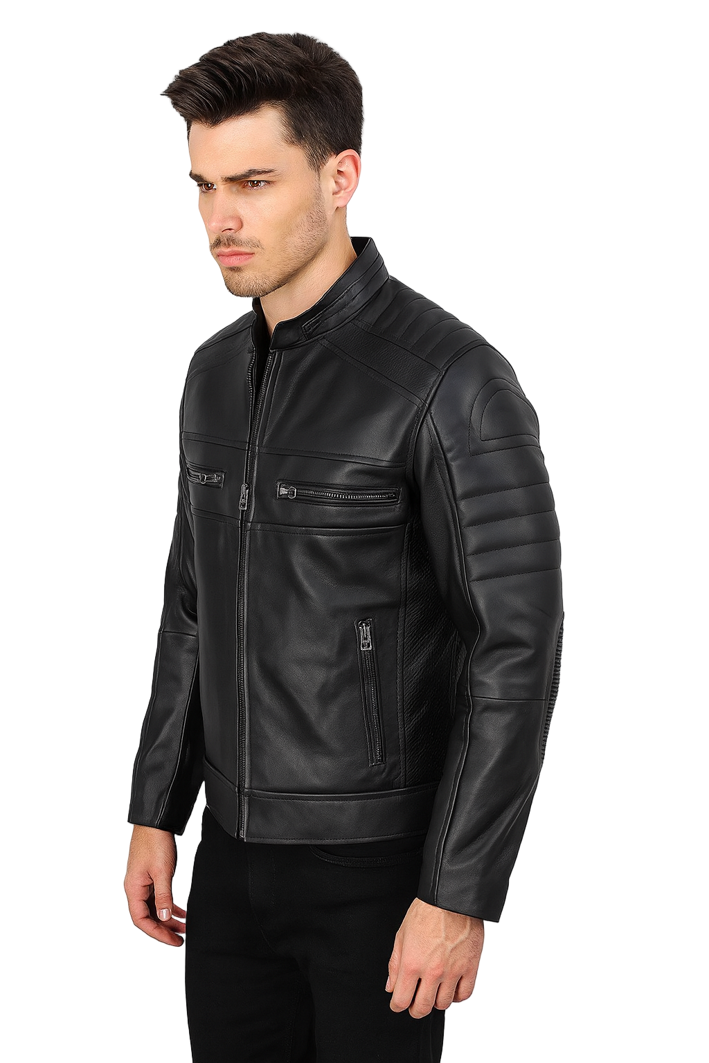 Mens Sheepskin Black Cafe Racer Leather Jacket