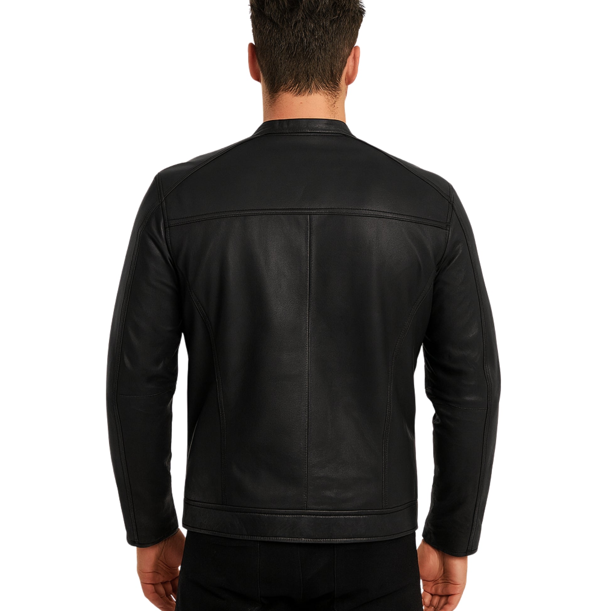 Snap Tab Collar Black Leather Jacket Mens