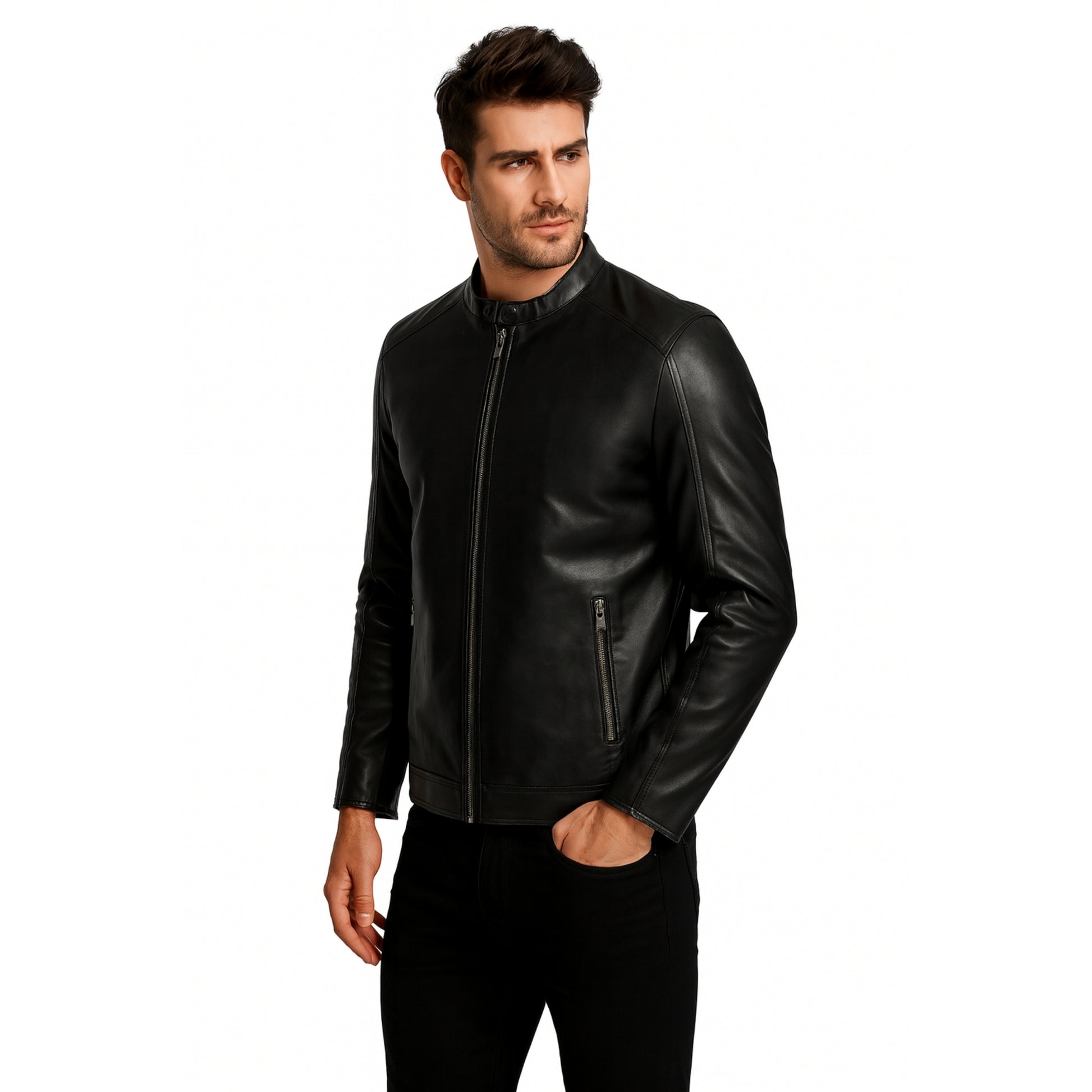 Snap Tab Collar Black Leather Jacket