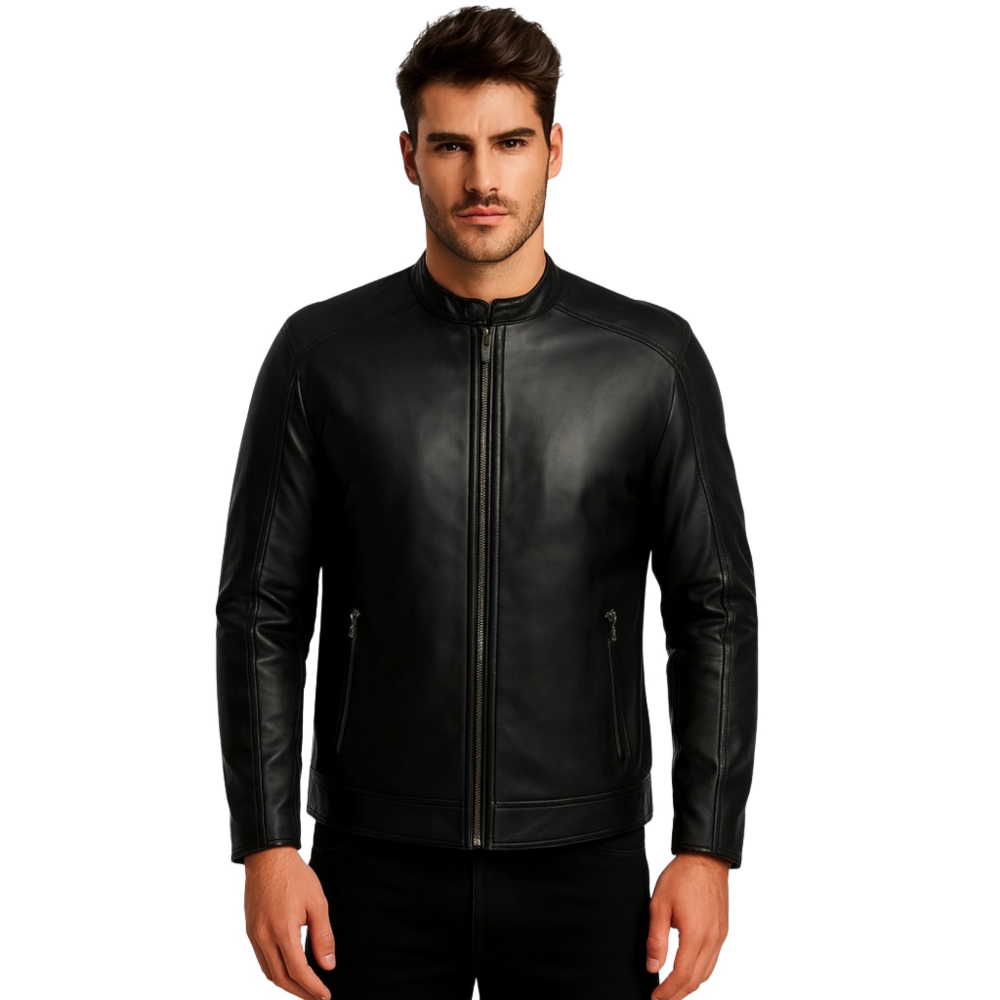 Snap Tab Collar Black Leather Jacket Mens