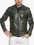 Verde Series Men's Green Snap-Tab Collar Jacket - Premium Quality Real Leather Jacket