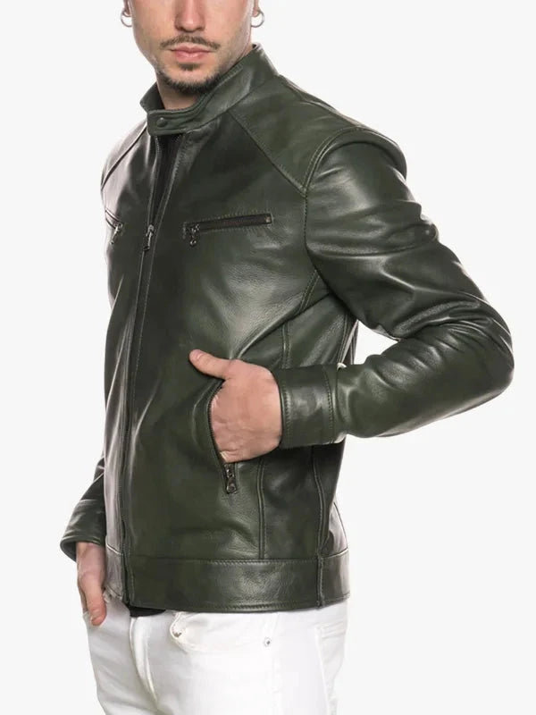 Verde Series Men's Green Snap-Tab Collar Jacket - Premium Quality Real Leather Jacket