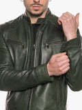 Verde Series Men's Green Snap-Tab Collar Jacket - Premium Quality Real Leather Jacket