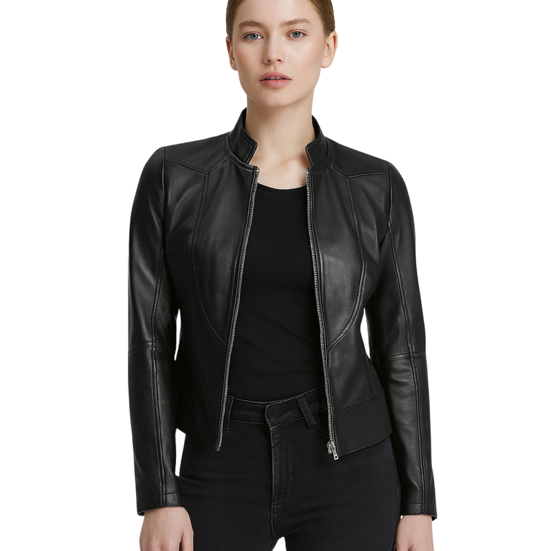 Womens Black Cafe Racer Leather Jacket Sleek Biker Style