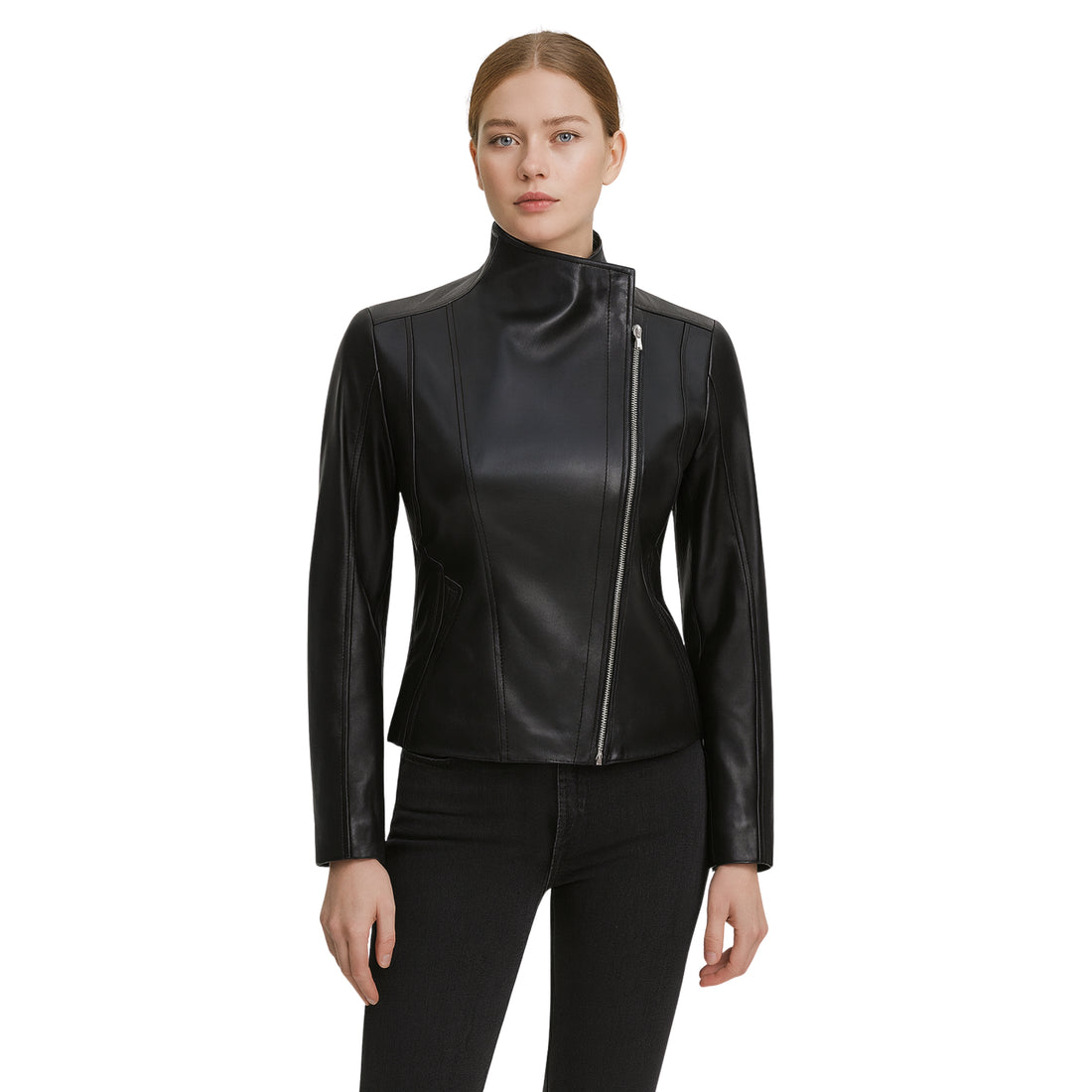 Womens Black Leather Biker Jacket with Flap Closure Cafe Racer Style Jacket