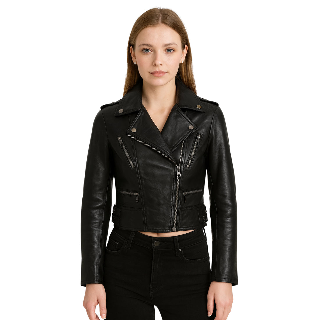 Womens Urban Chic Cropped Leather Biker Jacket
