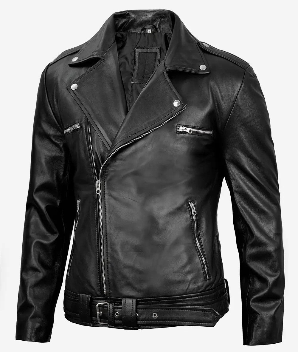 Mens Black Genuine Sheepskin Leather Biker Jacket