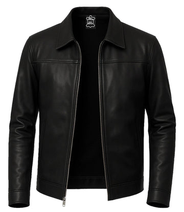Men's Black Shirt Collar Leather Jacket