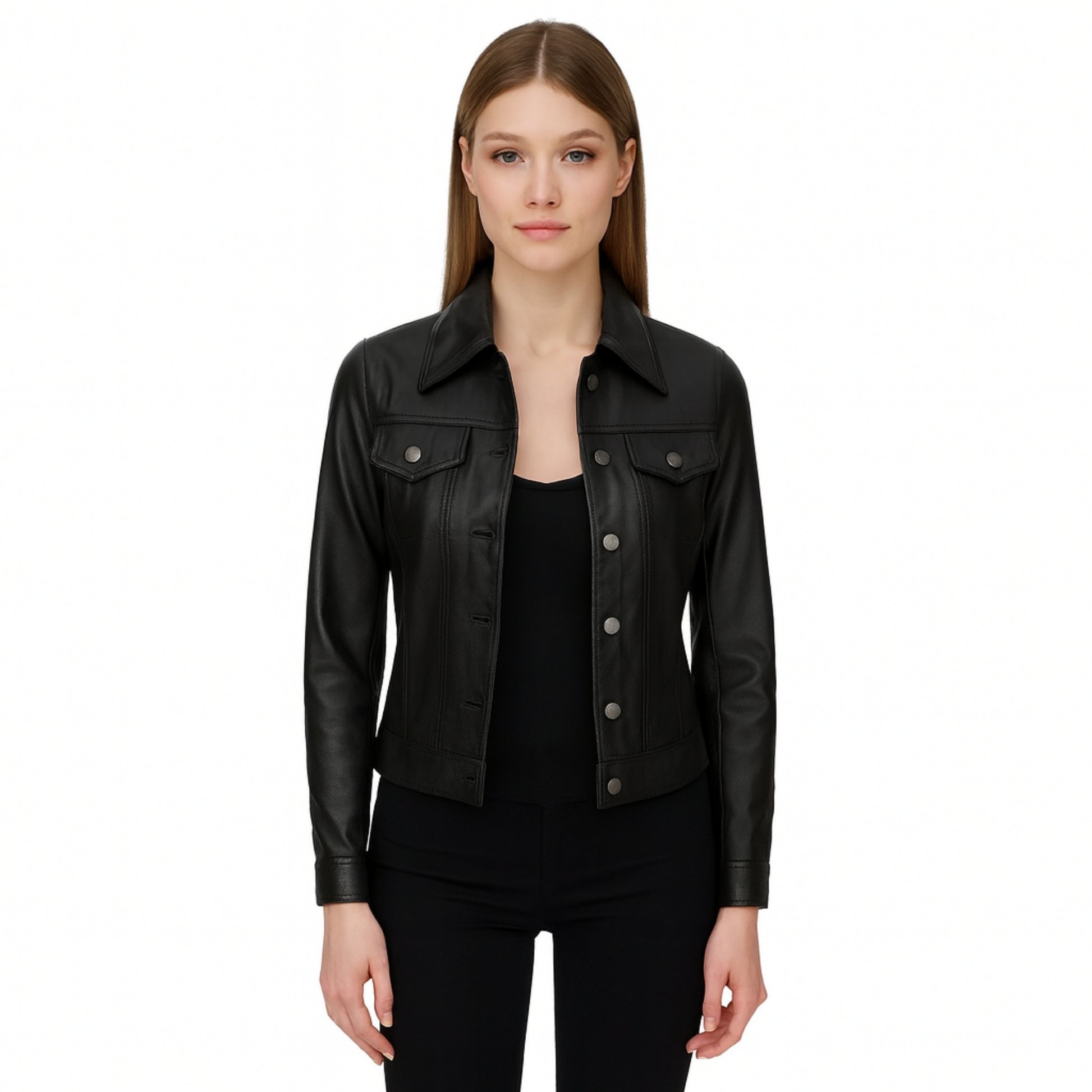 Black Granite Line Leather Trucker Jacket