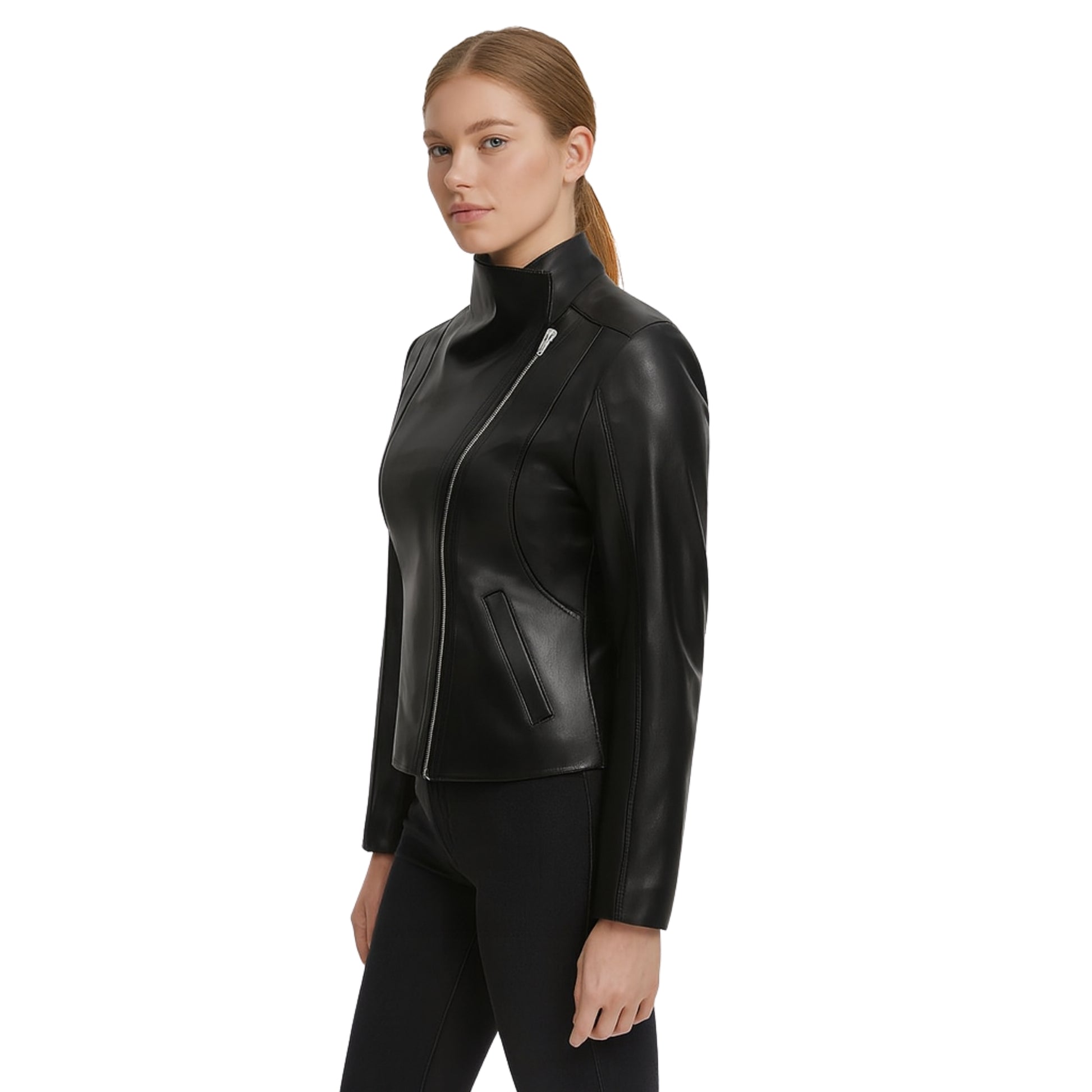 Black Leather Biker Jacket with Flap Closure Cafe Racer