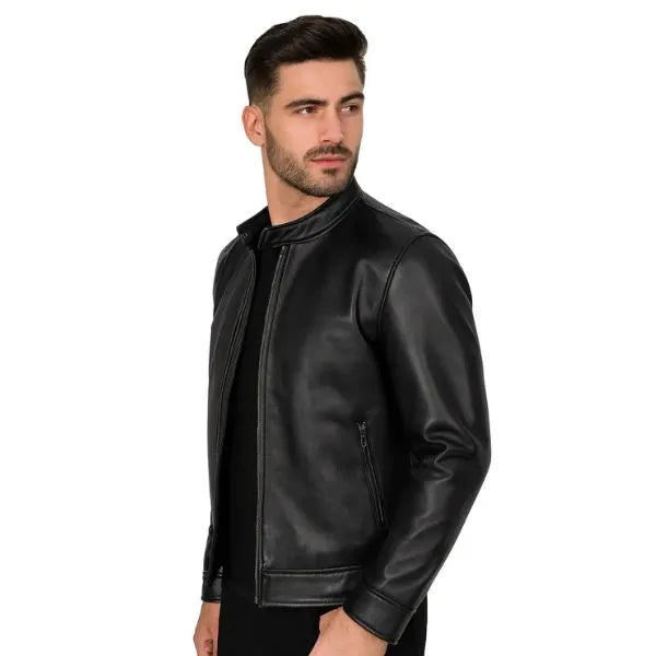 Axton Black Cafe Racer Leather Jacket for Men - Jack Briton