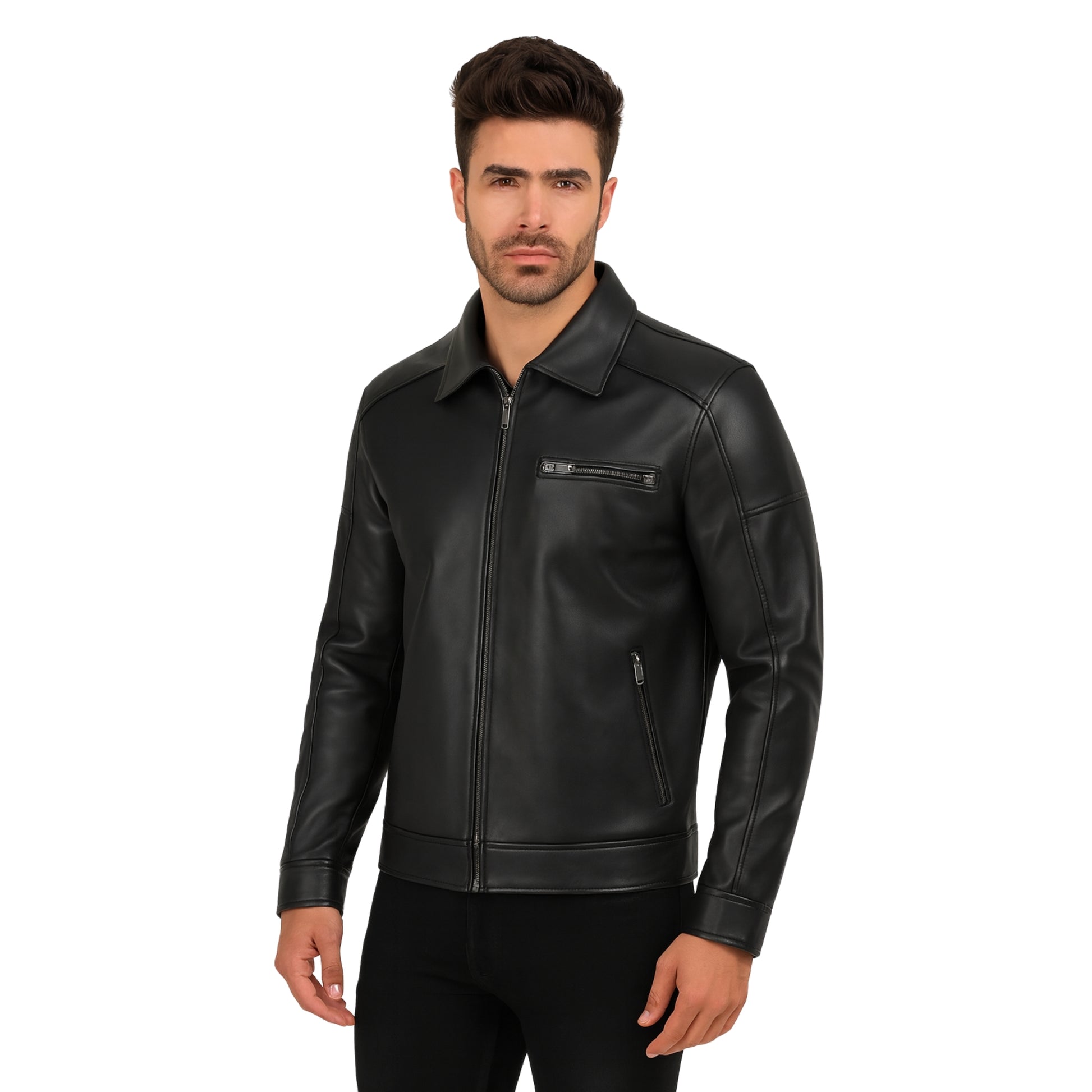 Black Sheepskin Shirt-Collar Leather Jacket