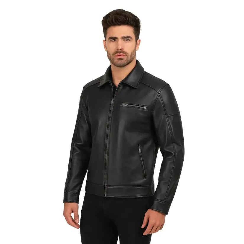 Men's Black Sheepskin Shirt-Collar Leather Jacket - Jack Briton