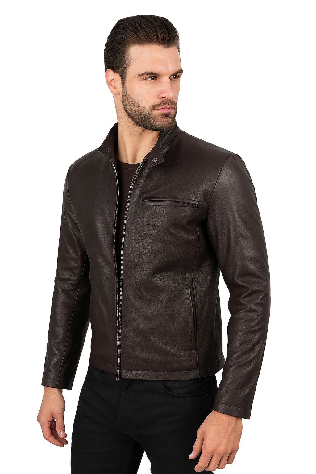 Dark Brown Cowhide Cafe Racer Jacket for mens