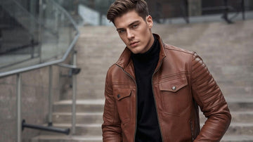 Man wearing a brown leather jacket standing outdoors on steps.