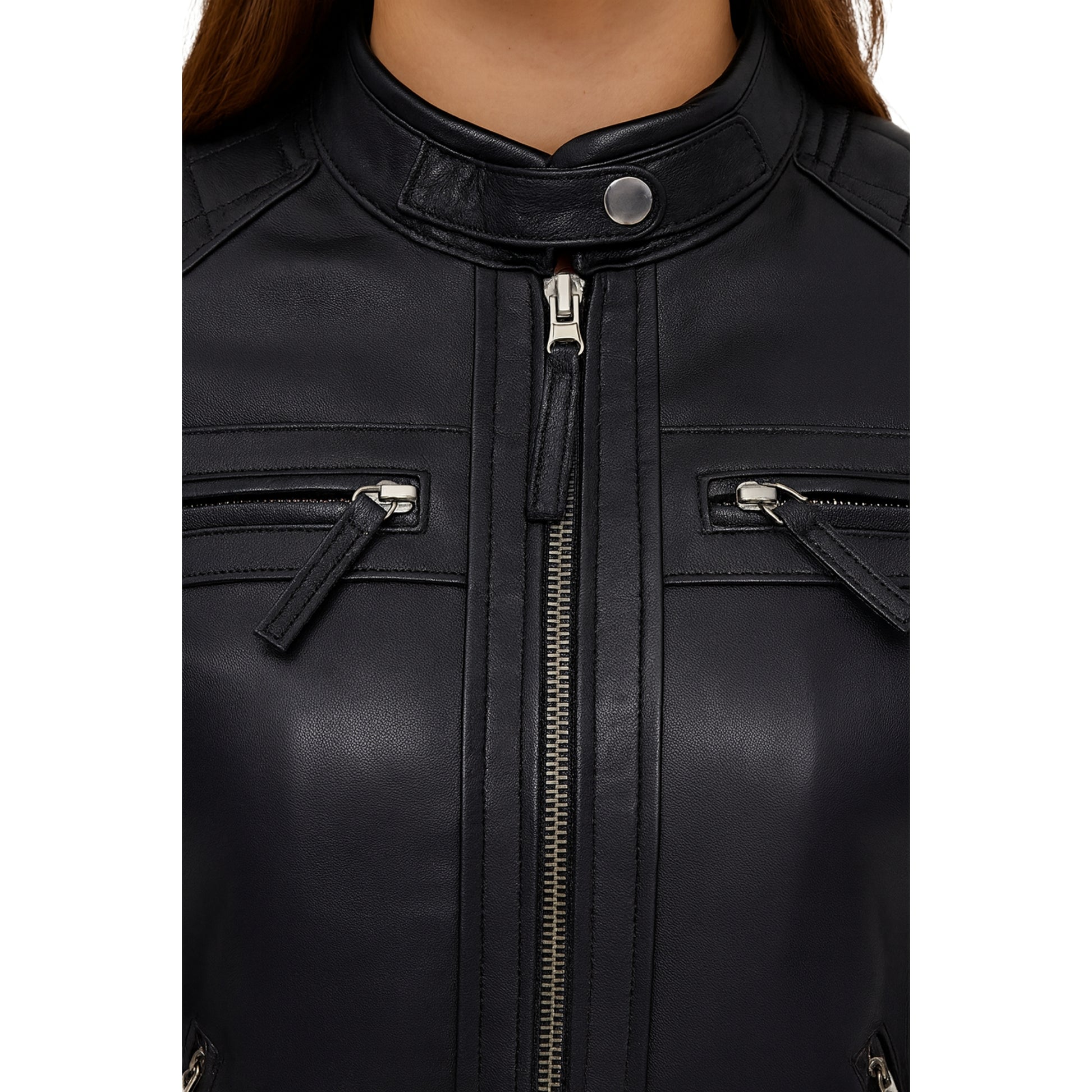 Jade Johnson womens Black Cafe Racer Jacket