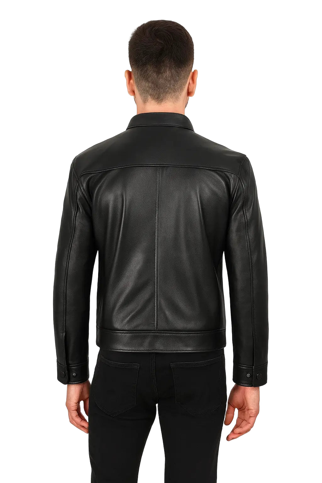 Mens Black sheepskin Shirt Collar Leather Jacket back