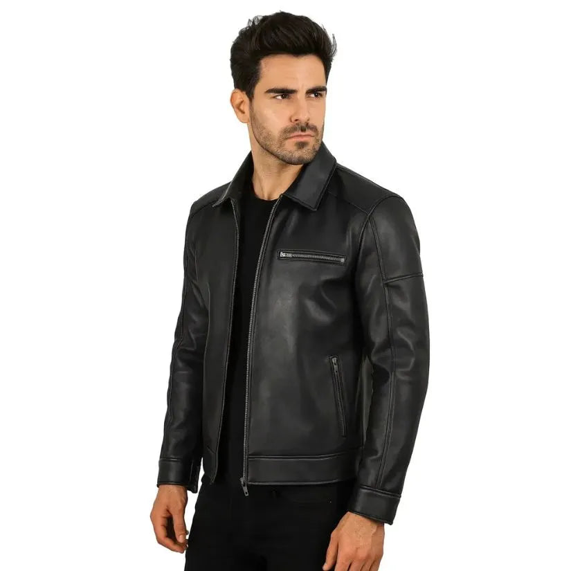 Men's Black Sheepskin Shirt-Collar Leather Jacket - Jack Briton