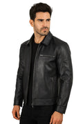 Mens Black sheepskin Shirt Collar Leather Jacket