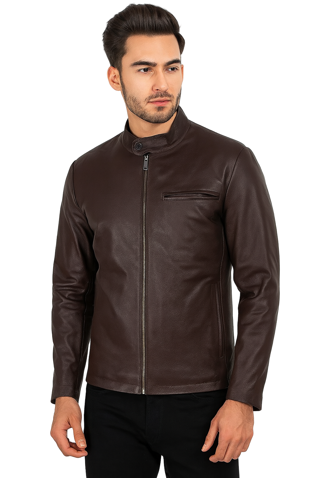 Dark Brown Cowhide Cafe Racer Jacket for mens
