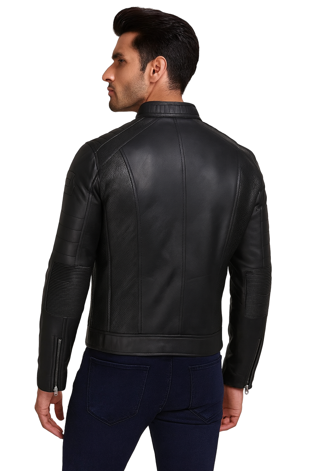 Mens Sheepskin Black Cafe Racer Leather Jacket back