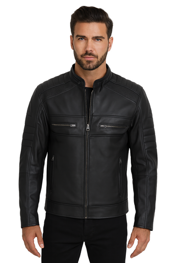 Mens Sheepskin Black Cafe Racer Leather Jacket