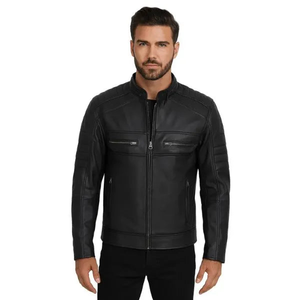 Men's Sheepskin Black Cafe Racer Leather Jacket - Jack Briton