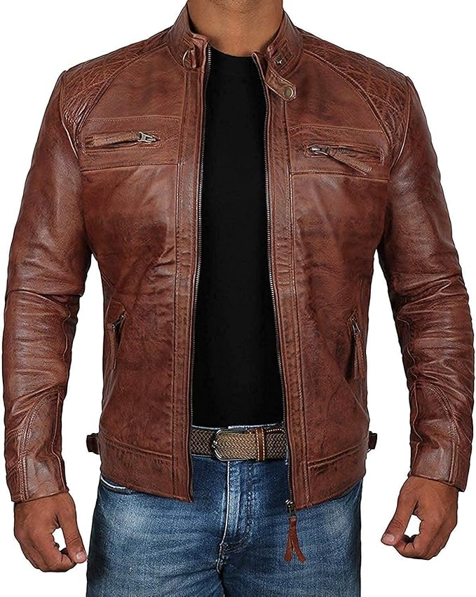 Distressed Brown Lambskin Cafe Racer Leather Jacket for Men