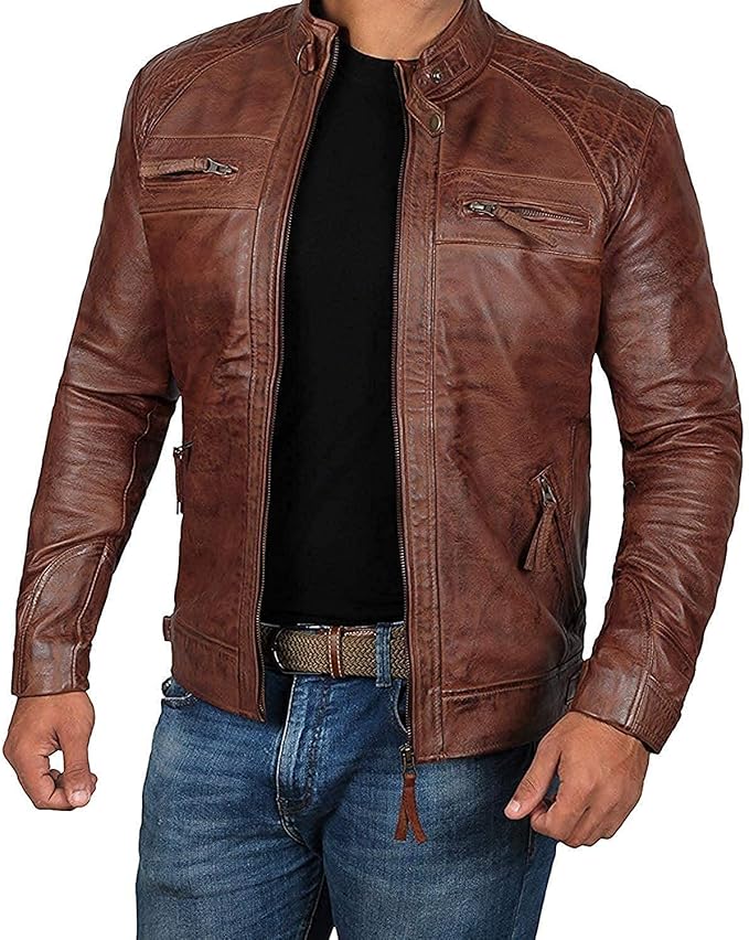 Distressed Brown Lambskin Cafe Racer Leather Jacket for Men