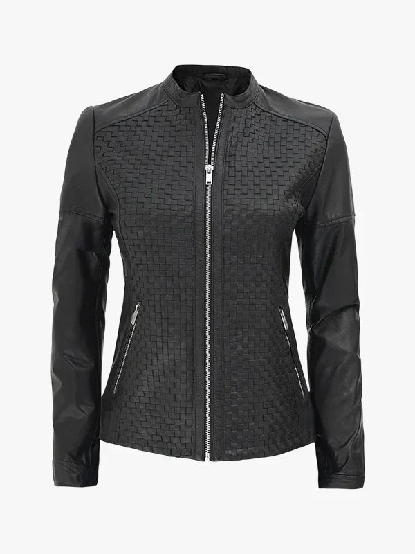 Shadow Moto Women's Black Textured Cafe Racer Leather Jacket - Premium Quality Real Leather Jacket