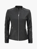 Shadow Moto Women's Black Textured Cafe Racer Leather Jacket - Premium Quality Real Leather Jacket